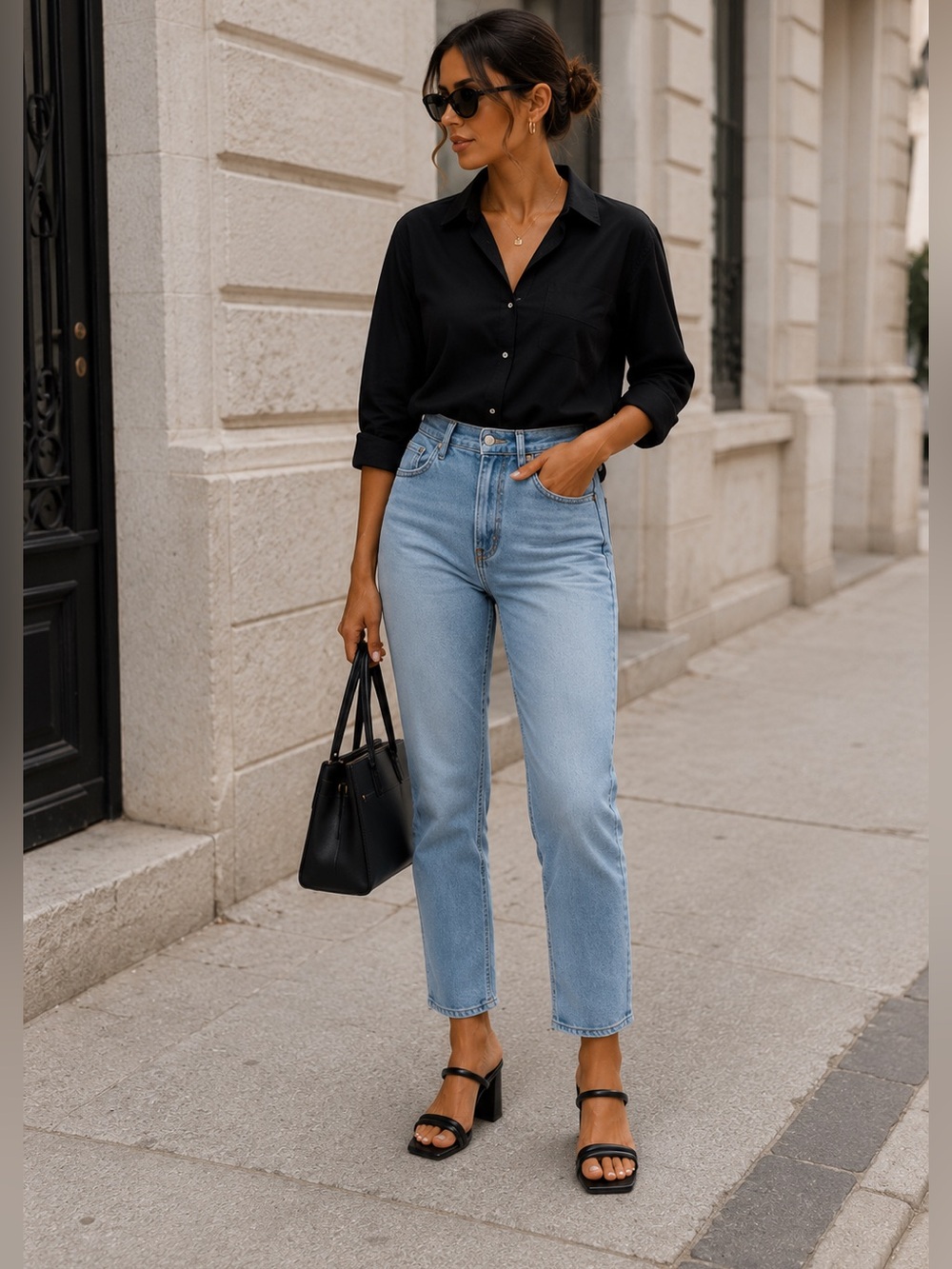 Minimalist Black Strappy Block Heel Sandals | Chic Square Toe - Picture 5 of 8